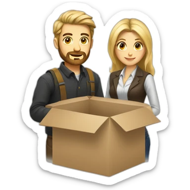 Blond bearded developer and dark hair brunette in box sticker