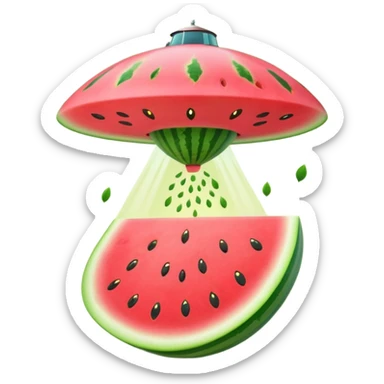 A UFO shaped like a slice of watermelon abducting seeds with a tiny tractor beam. Bright fun colors, cartoon style, minimal shadows, transparent background. sticker