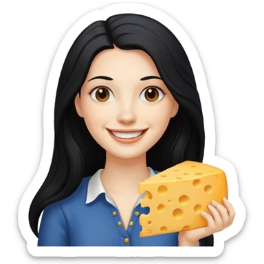 white woman with long black hair, smiling with cheese sticker