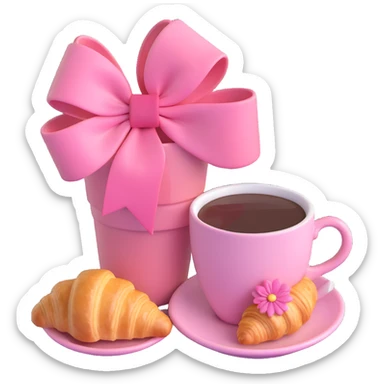 A pink cup of coffee with a flower on top and a pink bow, next to a croissant, in a warm, cozy setting. sticker