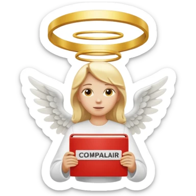 "An angel emoji with blonde hair, a halo, wings, holding a 'COMPARTILHAR' sign in bold letters." sticker
