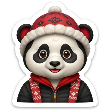 Photorealistic close-up of a cute, smiling panda wearing a red patterned winter trapper hat. Happy expression, cheerful vibe. Simple studio background. Detailed textures, sharp focus sticker