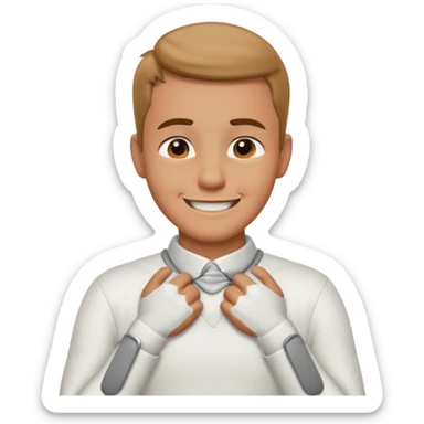 Man with hands gripped around neck crossed like he is choking while smiling sticker