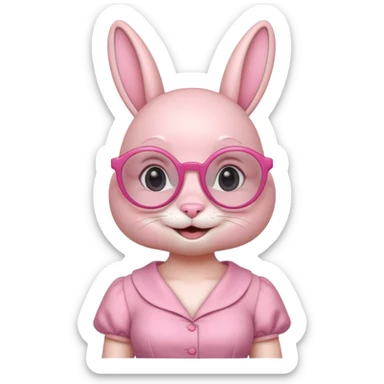 Pink bunny with big circular glasses, smiling, half body with dress sticker