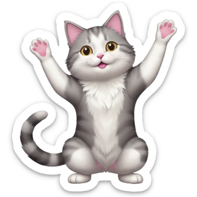 grey and white cat doing a big long stretch reaching up into the air sticker
