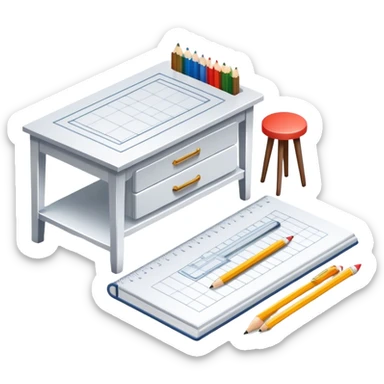 Icon for Furniture Design: a furniture drawing with 3D models of furniture pieces placed on top, accompanied by rulers and a pencil. The icon should represent the design process with focus on precision and modeling. Transparent background. sticker