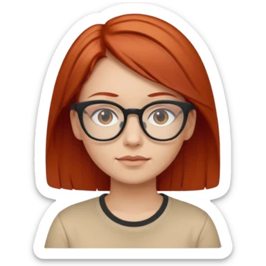 girl short-layer-red-hair wear beige T-shirt, wear glasses sticker