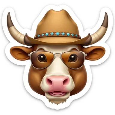 friendly anthropomorphised bull head with horns, wearing sunglasses and a cowboy hat sticker