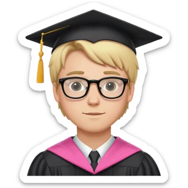A blonde-haired young white man, wearing glasses, in the middle of his graduation with a black and pink theme sticker