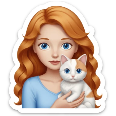Long wavy strawberry blonde blue eyes woman with a white cat with blue eyes sticker
