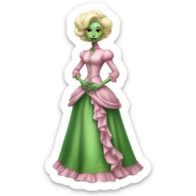 "green blonde alien woman"  in pink Victorian dress elegant, full body sticker