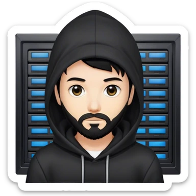 hackeur blanc cheveux noir barbe et capuche noir à côté d'un server ia sticker