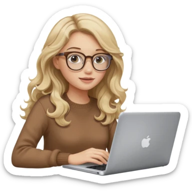 blonde girl with long dark blonde wavy hair, pantos-style glasses, a brown sweater, sitting with a laptop, soft pastel, upper body shot sticker