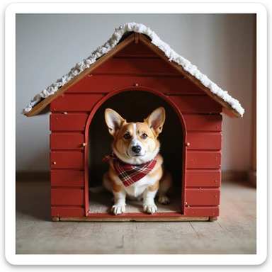 realistic red dog house with a Corgi dog inside, Corgi with a scarf, photorealistic style sticker