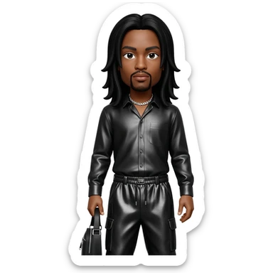 Layzie Bone with light tan skin, long black hair, black metallic shirt, black metallic baggy pants, silver necklace sticker