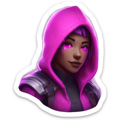developer behind his laptop with  this style : crysis Cyberpunk Valorant neon glowing bright pink girl character dark pink purple white hooded assassin themed character sticker