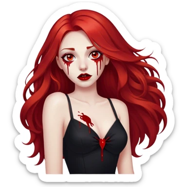 a woman with long red hair and red eyes. The woman wear a black dress. She have red lipstick. blood on face and metaphorical chest sticker