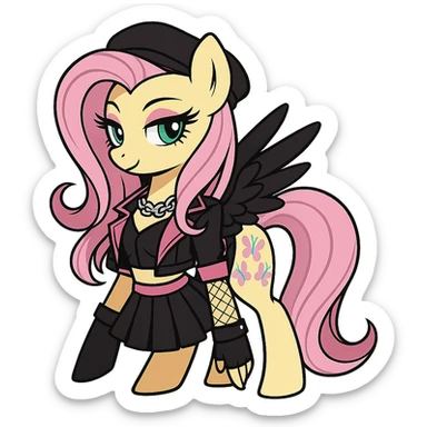 Fluttershy in a Blackpink-inspired style, with pink and black accents, transparent background sticker
