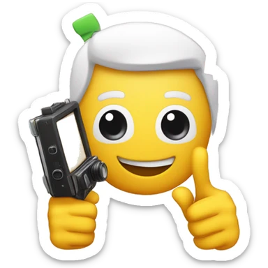 An emoji depicting challenge videos, featuring a camera and two hands giving a thumbs up, with colorful question marks and exclamation points around, symbolizing fun, excitement, and various challenges sticker