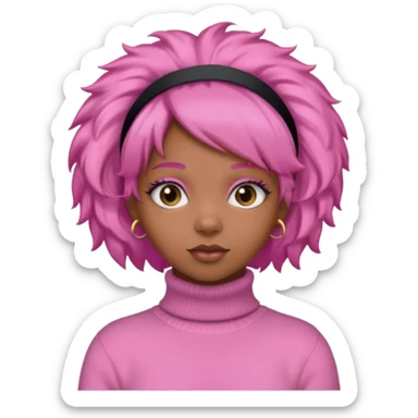 black fluffy haired girl with pink turtleneck sweater and pink hair band sticker