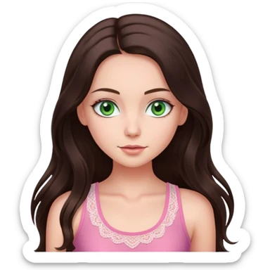 super long haired brunette with middle part cute pink lacy tank white but tan green eyes hairflup sticker
