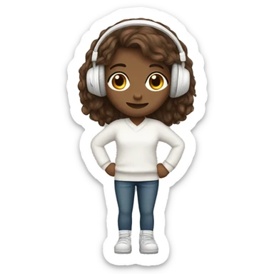 Brown long hair girl in a white sweater with white headphones  sticker