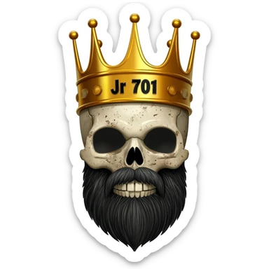 crea una calavera con una corona y barba negra. En la  corona que diga en grande: Jr 701 sticker