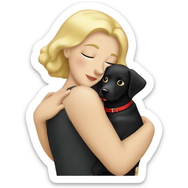 Blonde lady cuddling a black Labrador with a red collar  sticker
