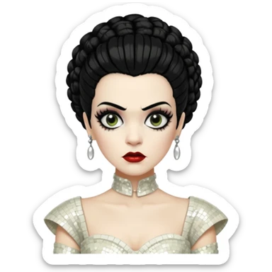Bride of Frankenstein with black hair, ivory sequin outfit sticker