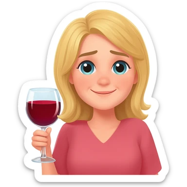 Happy girl, blond girl, mum, party vibe with a glass of red wine and tired sticker