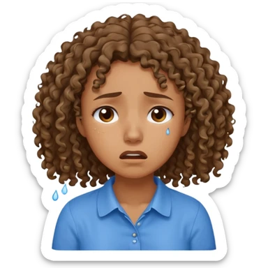 white young curly hair girl, brown hair, with a blue shirt, in despair crying sticker