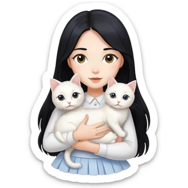 A beautiful girl with long black hair wearing a white skirt holds a cute white cat in her arms sticker