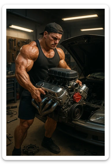 a muscular bodybuilder in gym attire stands next to a car with the hood open, lifting a large, shiny, high-performance engine with ease. His expression is focused and determined as he installs the new engine. The background is a modern garage, with tools and car parts scattered around, emphasizing strength and mechanical skill. sticker