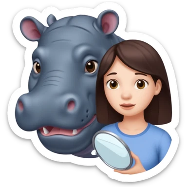 Women looking in a mirror and seeing a hippo sticker