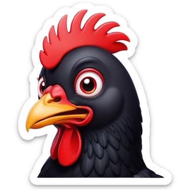 Cinematic Comical Black Chicken Portrait Emoji, Head tilted dramatically with an exaggeratedly amused expression, featuring a sleek, glossy black plumage with a bold red comb, wide, expressive beady eyes filled with playful disbelief, Simplified yet hilariously expressive features, highly detailed, glowing with a slightly sassy glow, high shine, dramatic yet playful, stylized with an air of cheeky mischief, bright and endearing, soft glowing outline, capturing the essence of a spirited and over-the-top chicken, so meme-worthy it feels like it could cluck its way into internet fame instantly! sticker
