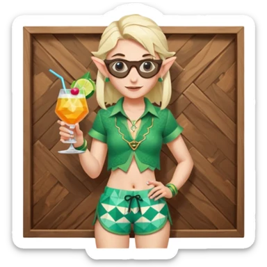 elf female legolas portrait, patterned board shorts (geometric/abstract), unique wooden-framed sunglasses, undercut hairstyle, slight smirk, visible pointy ears, no background, centered emoji, hipster summer vibe coctails  sticker