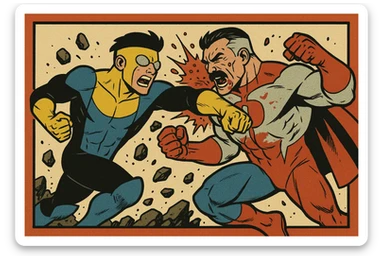 Invincible and Omni-Man in an intense battle scene, comic book style, dramatic action, debris flying, powerful punches, dynamic poses sticker