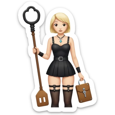 Dominatrix in stray black garter belt and stockings, wearing a house key on a necklace holding a small rectangular leather paddle sticker