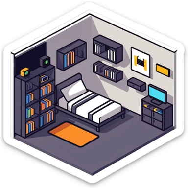 isometric view of teen bedroom layout with gaming setup, bed, and bookshelf sticker