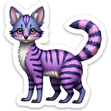 Beautiful fluffy vibrant soft exotic elegant spotted dotted thick puffy hyper-realistic lifelike furry Indigo, purple, violet, pink, Civet-Genet-Possum-Serval-Caracal-Sergal-Trico-Numbat-Furret-fusion-Fakemon-hybrid-creature (full body) with long tufted ears and a striped tufted tail  sticker
