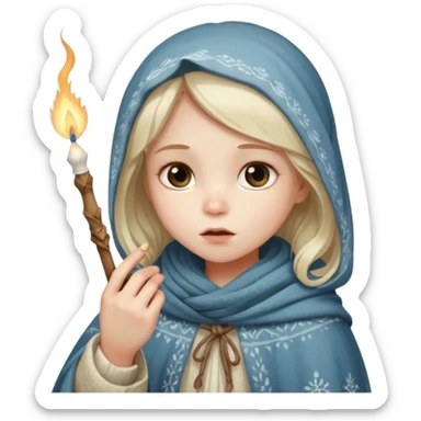 A small girl in a worn winter dress and shawl, holding a glowing matchstick close to her face, eyes wide with soft hope.
 sticker