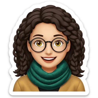 Emoji estilo WhatsApp de una mujer sonriente con rostro ovalado, piel semi oscura, ojos grandes y oscuros, cejas gruesas arqueadas, gafas grandes redondeadas, rizos voluminosos negros, bufanda colorida y expresión tierna. Colores limpios, contornos suaves y fondo transparente. sticker