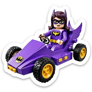 Hot full size real-appearance retro electric racing action BatGirl’s Lego feminine midnight-purple tight outfit sixty’s tv show 1992 stealthy retro sporty safe plush petite off-road pursuit cruiser car rose gold accents (black hair,reclined and relaxed torso seating position) go kart  sticker