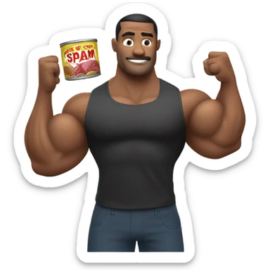bicep flexing holding can of spam, show the whole can sticker