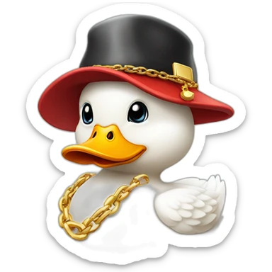 a white cartoon duck with a cap on his head thats in red and white, with a golden chain sticker