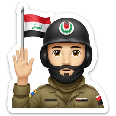 surrenders, depicts an Iraqi soldier from 1980, with a beard, in a helmet, a helmet with sign flag Iraq, with a balaclava, with sad eyes and both hands raised up sticker