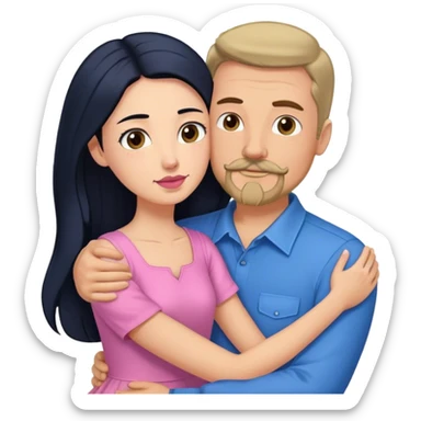 Tall white man with brown mustache goatee wearing blue hugging a short pale woman with long black hair wearing pink sticker