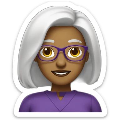 mujer riendo con piel de color blanco con gafas cabello hasta el hombro y de color marron con un computador morado sticker