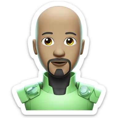 Pastel green bald male with goatee cyborg with circuitry sticker