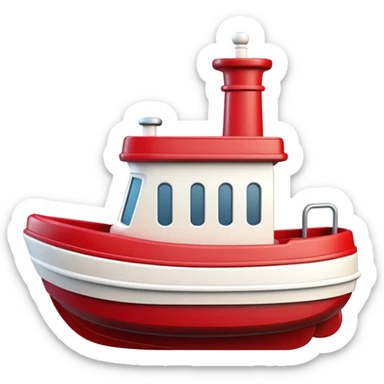 A wooden toy tugboat with a happy face and rosy cheeks sticker